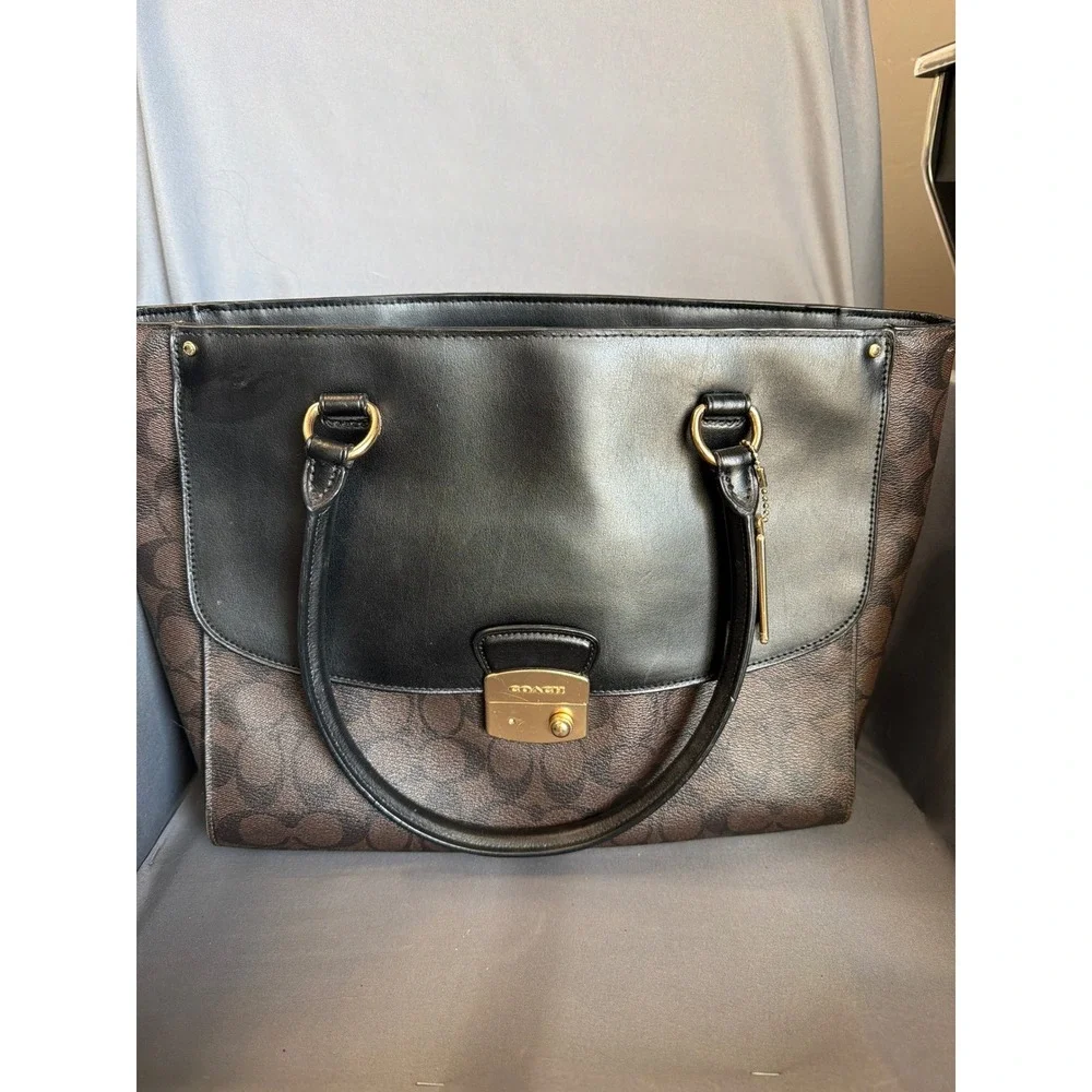 Coach Signature Monogram Tote Bag Brown Black Leather Turnlock F34603